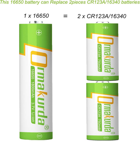16650 Rechargeable Battery (2-Pack), 1800mAh 3.7V Li-ion with Button Top for Flashlights