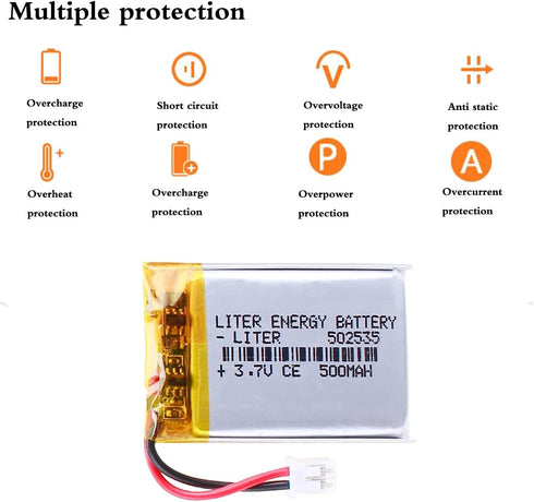3.7V 502535 500mAh Lithium Polymer Ion Battery Pack, Rechargeable with JST 2.0mm Connector