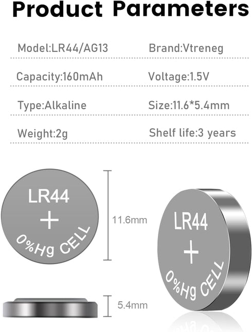 Vtreneg 10 Pack LR44 AG13 357 303 L1154F A76 SR44 1.5V Batteries Alkaline Battery for Toys Calculators Digital Calipers