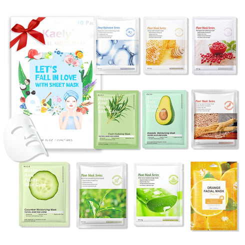 Kaely 10 Pack Variety Sheet Masks - Spa Face Masks for Kids Skin Care, Korean Facial Mask Set, Moisturize & Brighten,