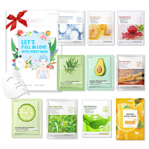Kaely 10 Pack Variety Sheet Masks - Spa Face Masks for Kids Skin Care, Korean Facial Mask Set, Moisturize & Brighten,