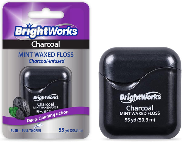 BrightWorks Activated Charcoal Dental Floss - 55 Yards (Pack of 4) - Infused Waxed with Natural Fresh Mint Flavor for