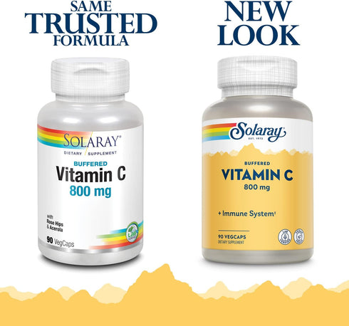 SOLARAY Buffered Vitamin C 800mg w/Rose HIPS & Acerola | Immune Function, Skin, Bone & Nerve Health Support, 90 VegCaps
