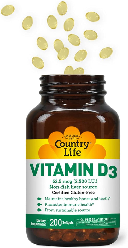 Country Life Vitamin D3 2500 IU Soft Gels, 200 Count