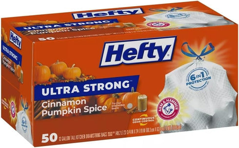 Hefty Ultra Strong Cinnamon Pumpkin Spice Tall Kitchen Trash Bags, 13 Gallon, 50 Count