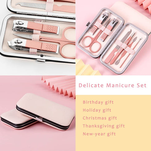 Pink Manicure Set, Portable Beauty Tool Kit with Nail Clipper, 7 in 1 Stainless Steel in Luxury Leather Case