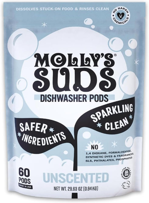 Molly's Suds Dishwasher Pods | Natural Dishwasher Detergent for Sparkling Dishes, Cuts Grease & Rinses Clean | 60