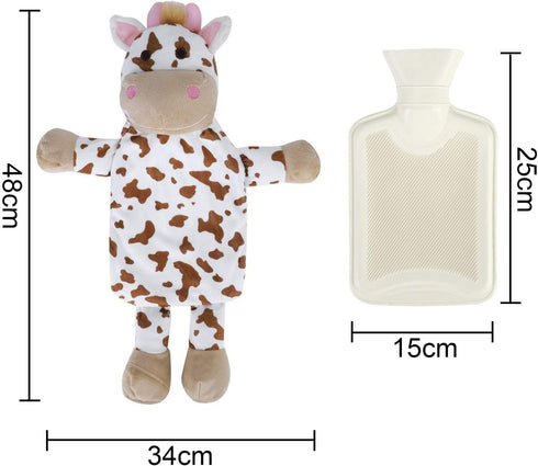 ITODA Mini Hot Water Bottle Warmer with Cute Cow Stuffed Animal Cover, Waist Neck Shoulder Hot and Cold Water Bag
