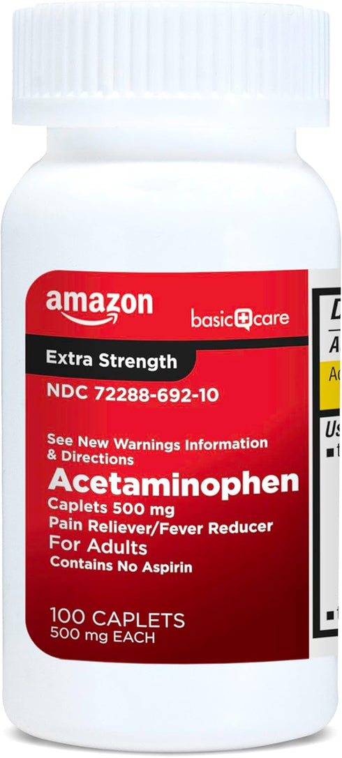 Amazon Basic Care Extra Strength Pain Relief, Acetaminophen Caplets 500 mg, 100 Count