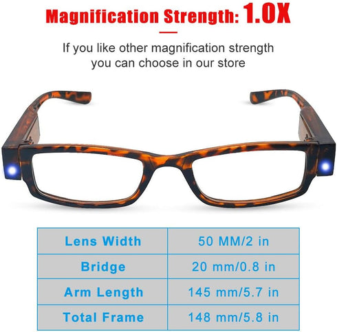Led Readers Magnifying Glasses with Light for Men and Women, Compact Full Frame Eyewear, Nighttime Reader, +1.0