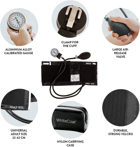 White Coat Deluxe Aneroid Sphygmomanometer - Professional Blood Pressure Monitor with Black Cuff