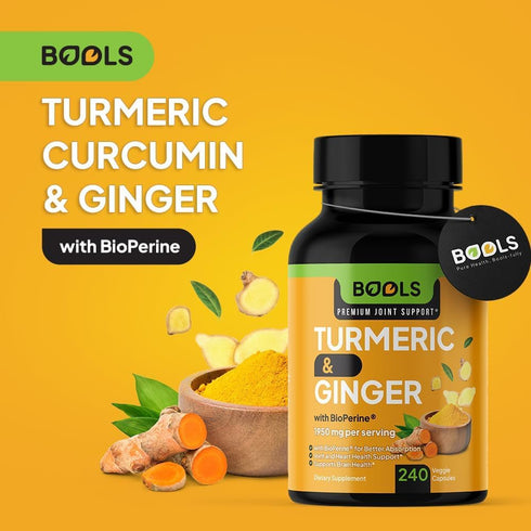 Turmeric Curcumin Supplement - 240 Capsules, Non-GMO with BioPerine & Ginger for Joint Support