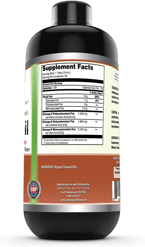 Amazing Omega Flaxseed Oil Supplement, Omega 3, Lignans & Fiber, 16 Oz, Non-GMO, Gluten Free