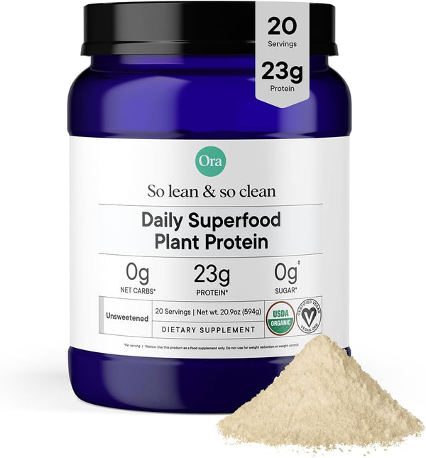 Ora Organic Vegan Protein Powder - 23g Plant Based Pea Protein + Superfood - Unflavored, 20 Servings, Digestive Enzyme