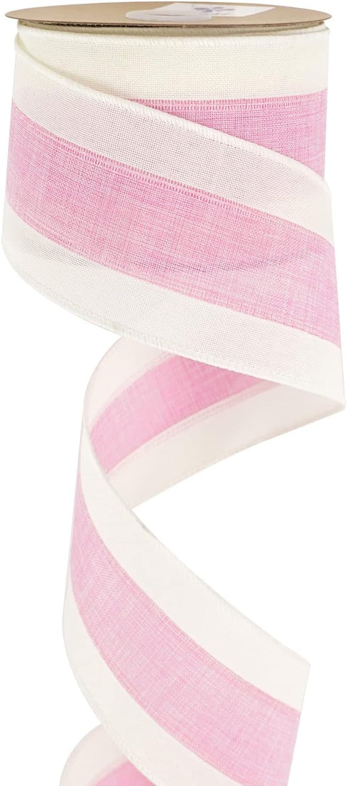 MEEDEE Pink White Stripe Wired Ribbon, 2.5 Inch, Baby Pink with Ivory Stripes for Wreaths, Garland