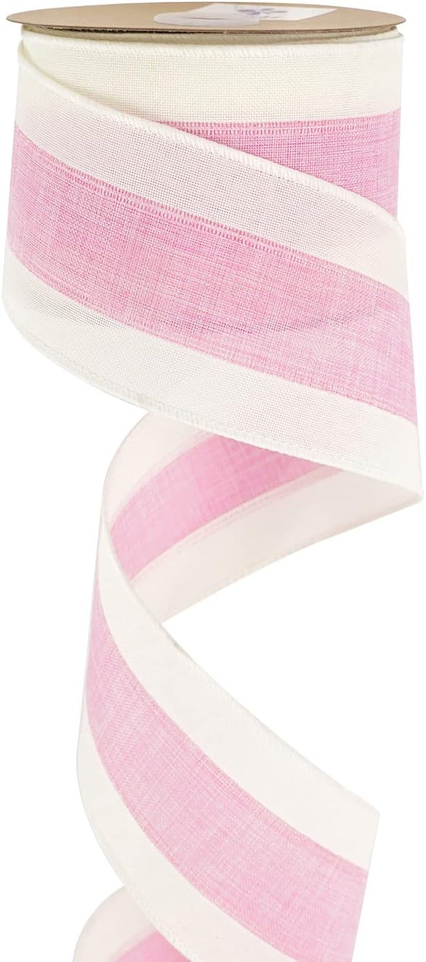 MEEDEE Pink White Stripe Wired Ribbon, 2.5 Inch, Baby Pink with Ivory Stripes for Wreaths, Garland