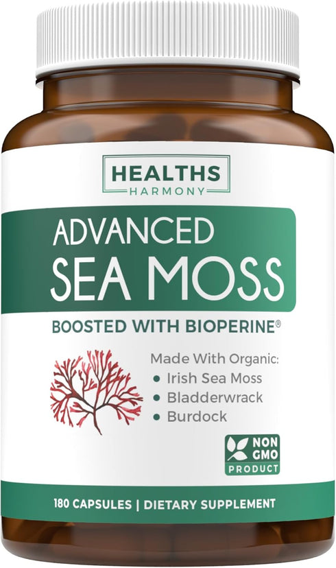 Irish Sea Moss Capsules - 180 Capsules, Organic Irish Seamoss with Bladderwrack & Burdock for Extra Absorption