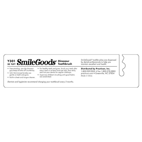 Practicon SmileGoods Y301 Dinosaur Child Toothbrush, Soft Bristle, Individually Packaged, Assorted Colors Bulk Pack