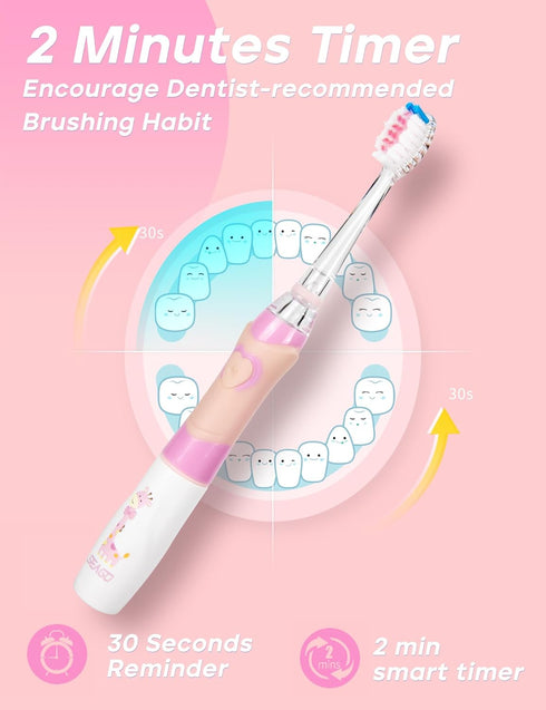 SEAGO Kids Electric Toothbrush - 2 Mins Brushing Timer, 8 Replacement Brush Heads, Pink Color for Ages 4-12