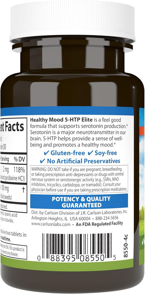 Carlson Healthy Mood 5-HTP Elite, 100 mg with Vitamin B6, Mood Support Supplement, 60 Tablets