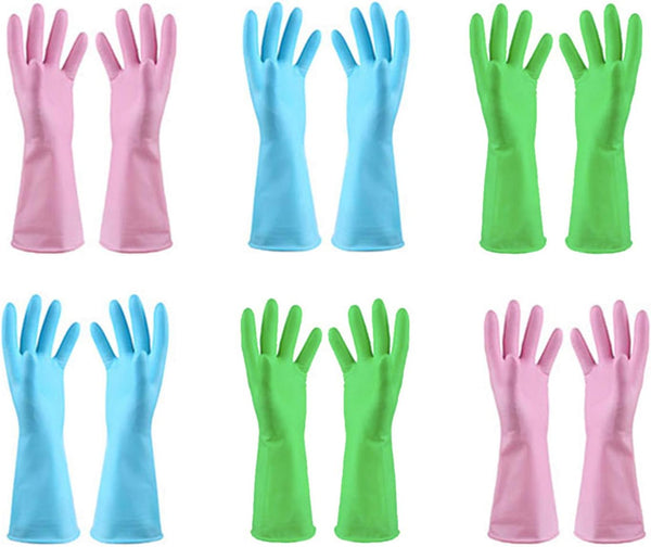 URSMART Dishwashing Household Gloves, 6 Pairs Rubber Latex Waterproof for Kitchen Dish Washing Laundry Cleaning (Color