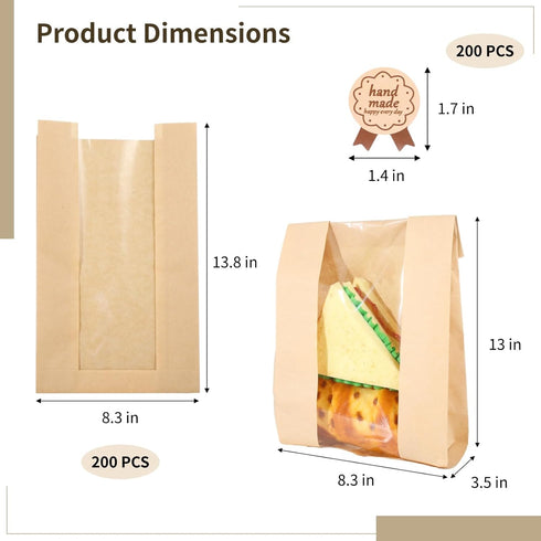 THNIOI 200 Pcs Paper Bread Bags, Large Kraft Bakery Bags for Biscuits and Snacks, Oil-proof, Includes Clear Windows
