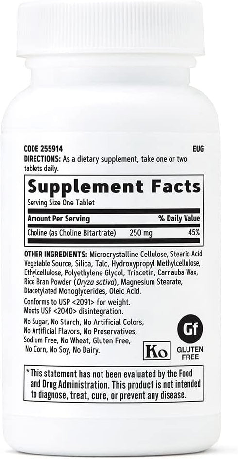 GNC Choline 250mg | Supports Brain, Liver and Cardiovascular Health, Vegetarian | 100 Tablets