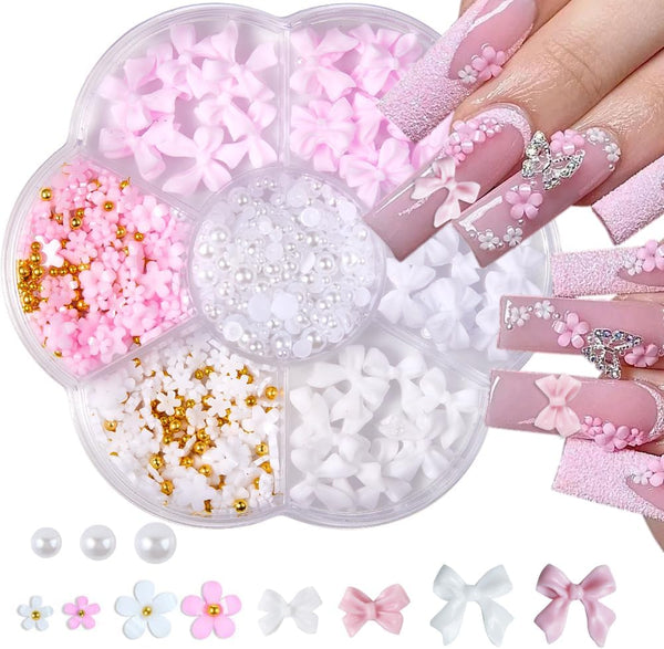Nail Charms, Flower Bow Manicure Kit, Pink White 3D Cute Flower and Bow Nail Art Decoration