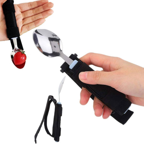 Adaptive Spoon with Universal Adjustable Hand Cuff Utensil Holder, Daily Living Aid for Elderly & Disabilities