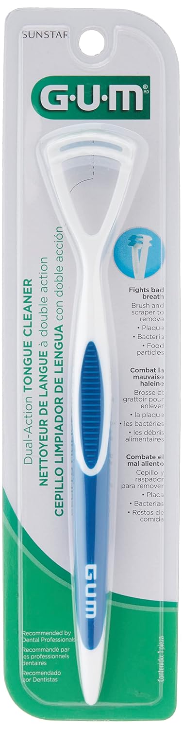 GUM Tongue Cleaner, Dual Action Soft Bristled Tongue Brush with Tongue Scraper, Better Oral Hygiene, Bad Breath