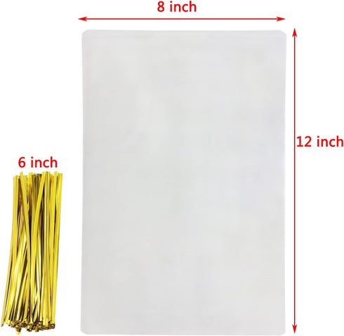 Mini Skater 8" x 12" Clear Treat Bags with 50Pcs Gold Color Twist Ties for Wedding Gift Candy Cookie Bakery, 50Pcs