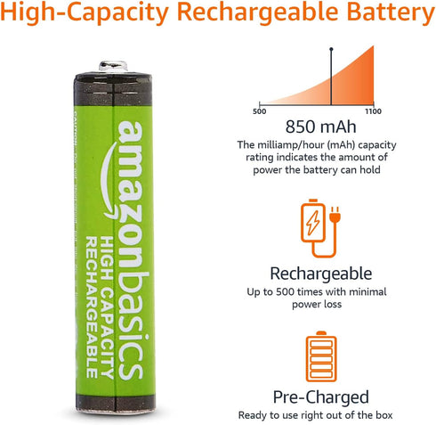 Amazon Basics 24-Pack Rechargeable AAA NiMH Batteries, 850 mAh, High-Capacity, Recharge up to 500x Times