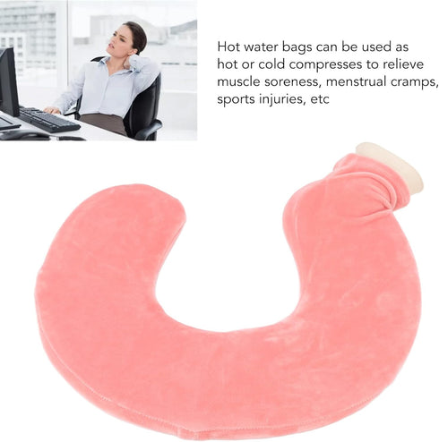 Jauarta U Shaped Hot Water Bottle Warm Neck Soft Rubber Hot Water Bag with Detachable Cloth Cover (Flesh Red)