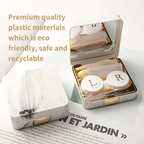 Contact Lens Case, Marble Travel Kit with Remover Tool, Mirror, Tweezers & Solution Bottle for Women & Girls (Gold)