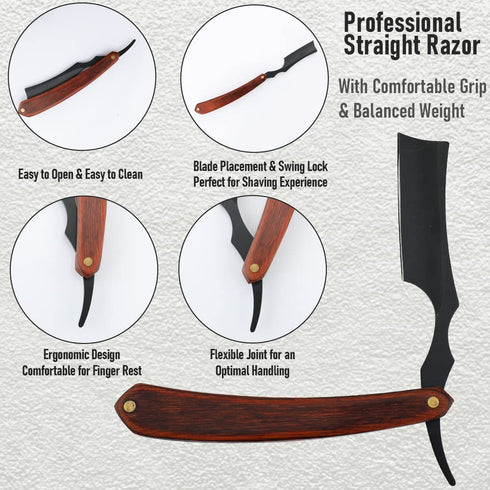 Straight Razor with Strope - Professional Straight Edge Barber Razor, Premium Stainless Steel Shaver for Men