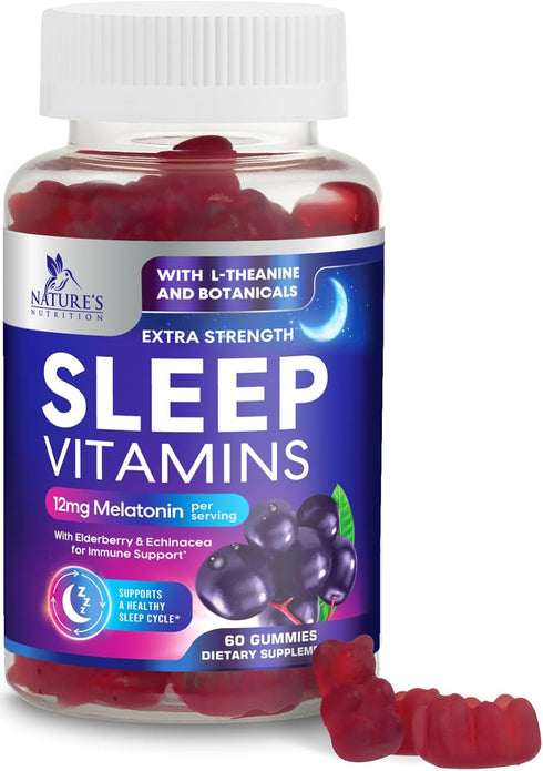 Sleep Vitamins, Fast Acting, Natural Sleep Gummy Supplement for Adults, 60 Gummies, 12mg Melatonin, Chamomile & Zinc