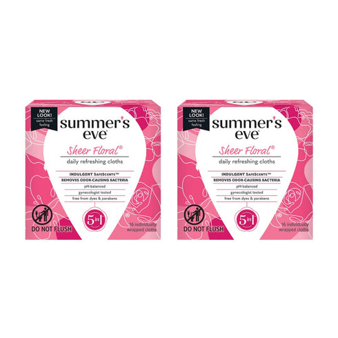 Summer's Eve Sheer Floral Daily Refreshing Feminine Wipes, 16 Count, Removes Odor, pH Balanced, (Pack of 2)