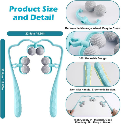 Abnaok Neck Massager, Upgrade Neck Roller for Pain Relief Deep Tissue, Trigger Point Roller Massager with 6 Wheels, Handheld Shiatsu Shoulder Massage Tools, Suitable for Arm, Legs, Back, Neck Relaxer