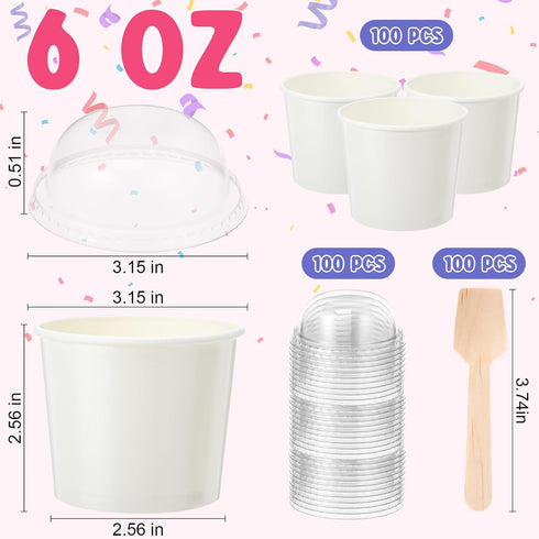 Ninehaoou 100 Pack Summer (6 oz) Ice Cream Cups with Dome Lids No Hole and Spoons Bulk Disposable Paper Dessert Bowls