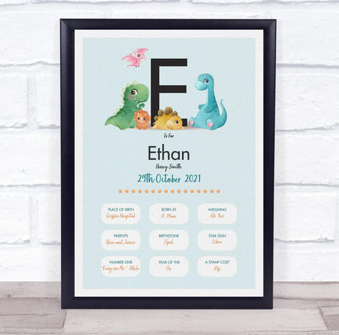 The Card Zoo New Baby Birth Details Christening Nursery Dinosaur Initial E Gift Print