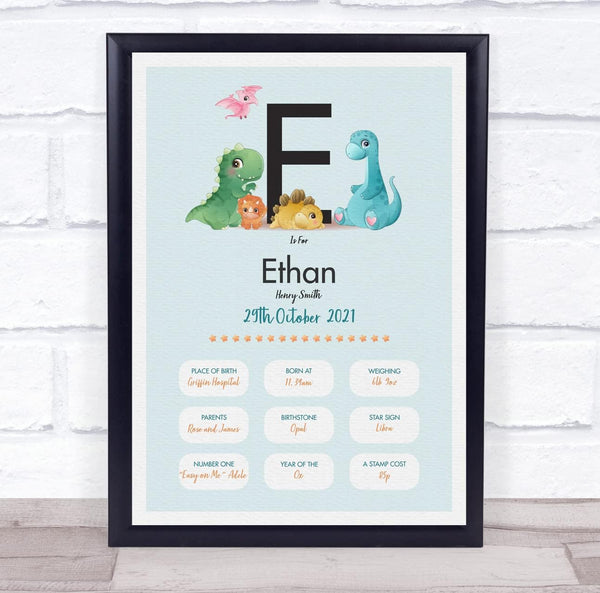 The Card Zoo New Baby Birth Details Christening Nursery Dinosaur Initial E Gift Print