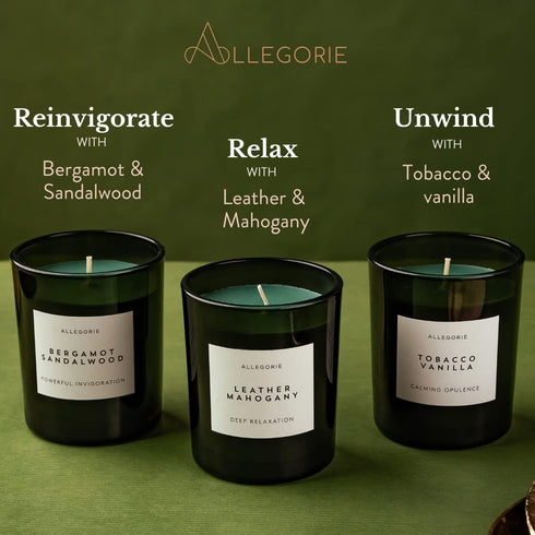 Set 3 (5.6oz) of Three Scented Candles for Men | Masculine scents of Bergamot & Sandalwood. Leather & Mahogany, Tobacco