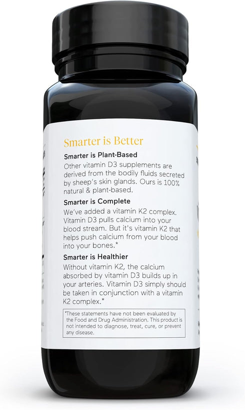 SMARTERNUTRITION Plant-Based Vitamin D3 with Vegan K2-5000 IU for Immune Support, Bone Health, 60 Count
