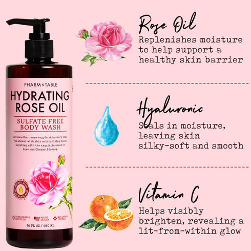 PHARM TO TABLE Hydrating Rose Oil Body Wash for Women and Men - Hydrates and Brightens Skin, Sulfate Free, 480ml