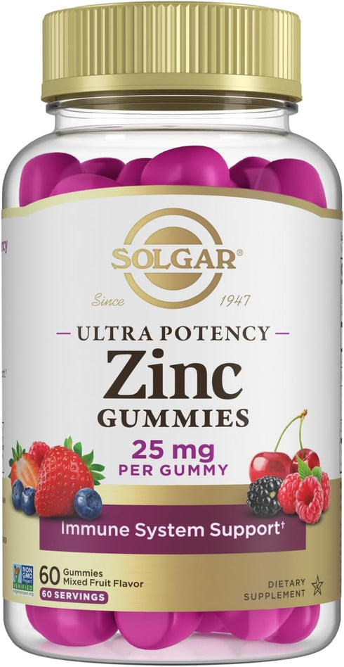 Solgar Zinc Gummies, 25mg Ultra Potency Zinc Citrate for Immune Support, Vegan, Kosher, Gluten Free, 60 Servings
