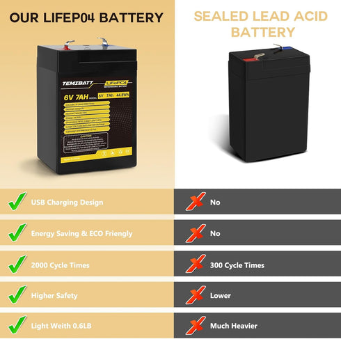 TEMIBATT 6V LiFePO4 1 Pack, 7AH 2000+ Battery USB Rechargeable Lithium Iron Phosphate Battery, Cycles for Ride On Toys