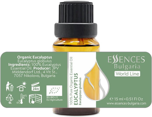 Essences Bulgaria Organic Eucalyptus Essential Oil 0.51 Fl Oz 15ml, 100% Pure Natural for Aromatherapy and Humidifier
