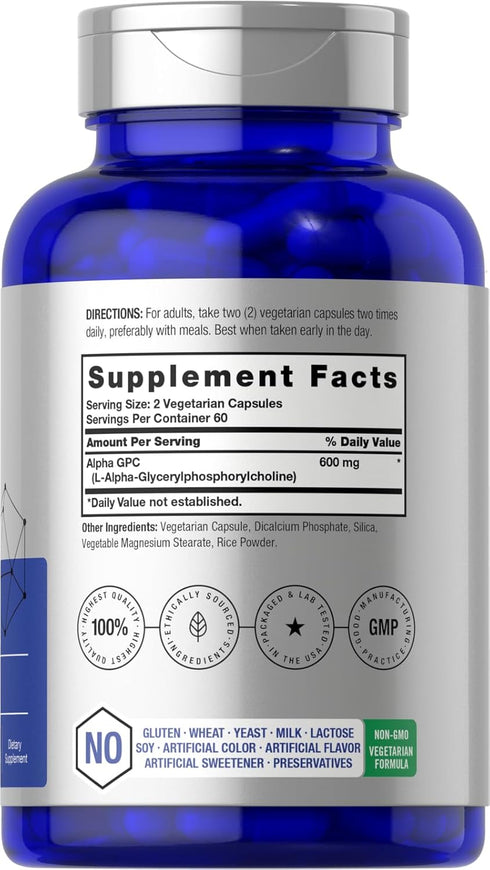 Horbaeach Alpha GPC 600mg | 120 Capsules | Vegetarian, Non-GMO & Gluten Free Choline Supplement | Supports Healthy Memory, Focus and Clarity