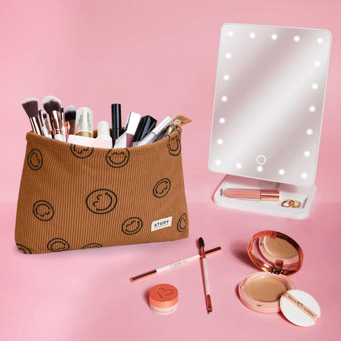 WLLWOO Makeup Bag-2pcs Smile Face Corduroy Cosmetic Bag, Waterproof Pencil Case Coin Purse for Women Travel Toiletry