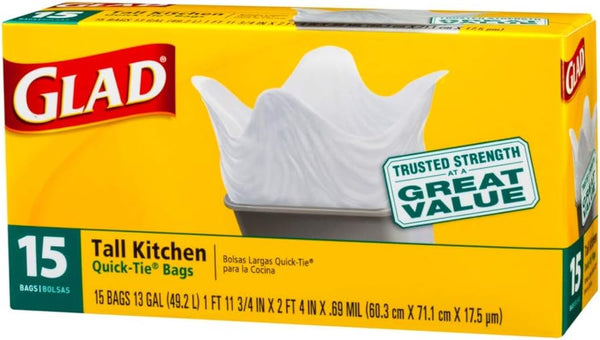 Glad 13 Gal. Quick Tie Tall Kitchen Bags - 15 Count